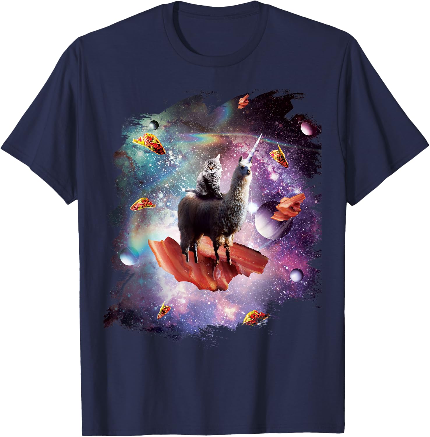 Space Cat Riding Llama Unicorn - Bacon Taco Men Women Girls Kids T-Shirt - T-Shirt | Navy