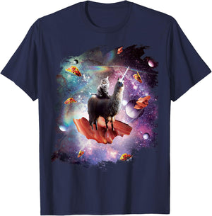 Space Cat Riding Llama Unicorn - Bacon Taco Men Women Girls Kids T-Shirt - T-Shirt | Navy