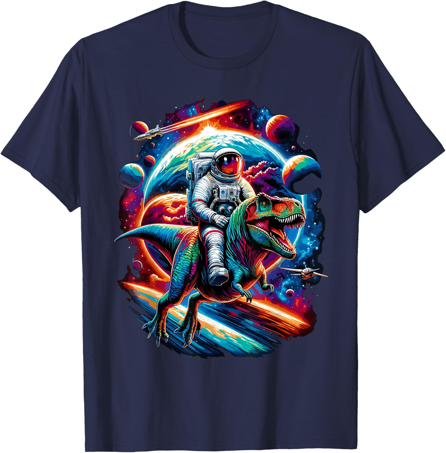 Astronaut Riding T-Rex Dinosaur Space T-Shirt - T-Shirt | Navy