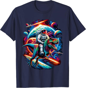 Astronaut Riding T-Rex Dinosaur Space T-Shirt - T-Shirt | Navy