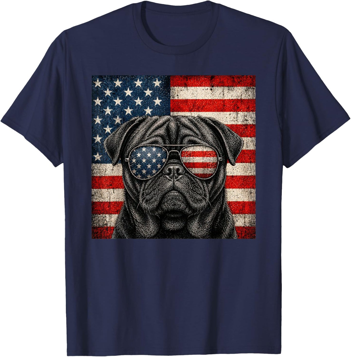 Black Pug 4th of July US American Flag Dog Patriotic T-Shirt - T-Shirt | Navy