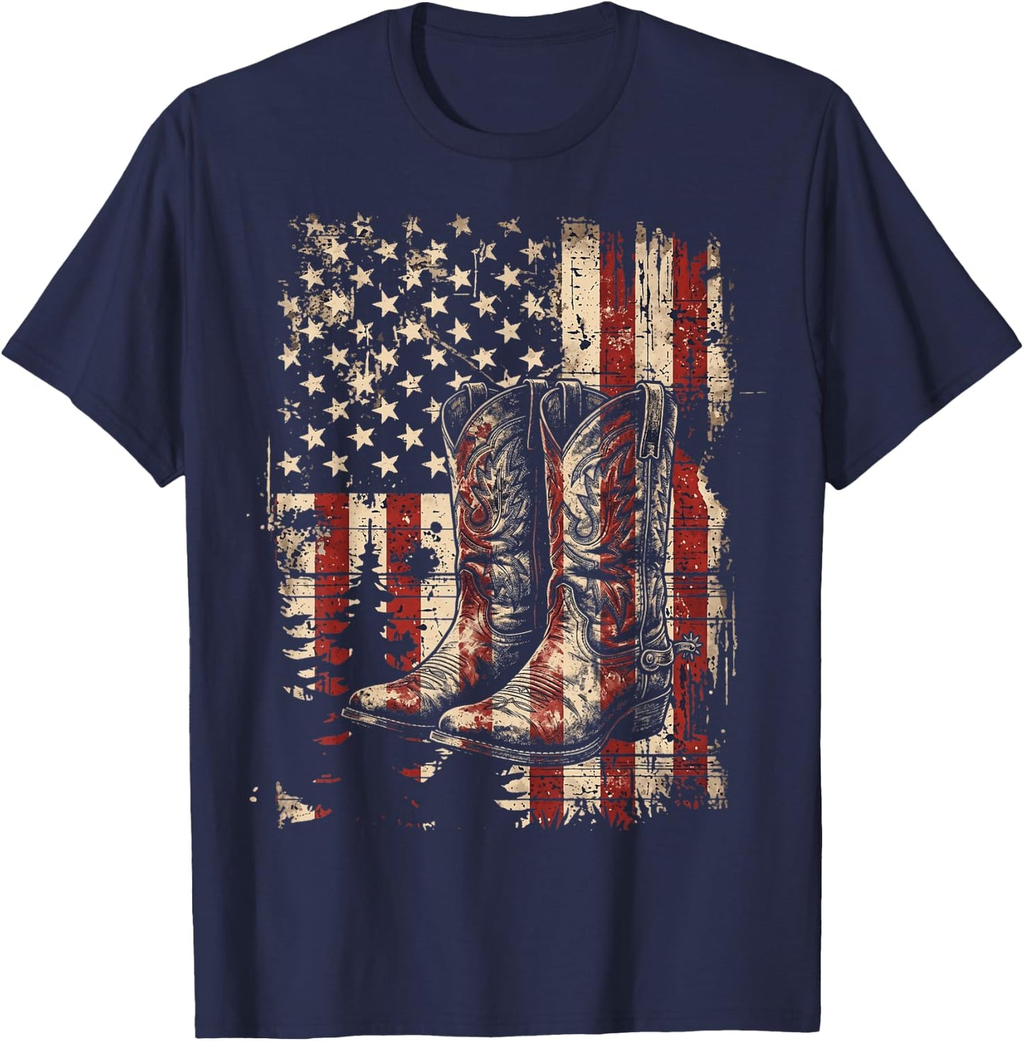 Retro Western Cowboy Boots Cowgirl American Flag 4th of July T-Shirt - T-Shirt | Navy