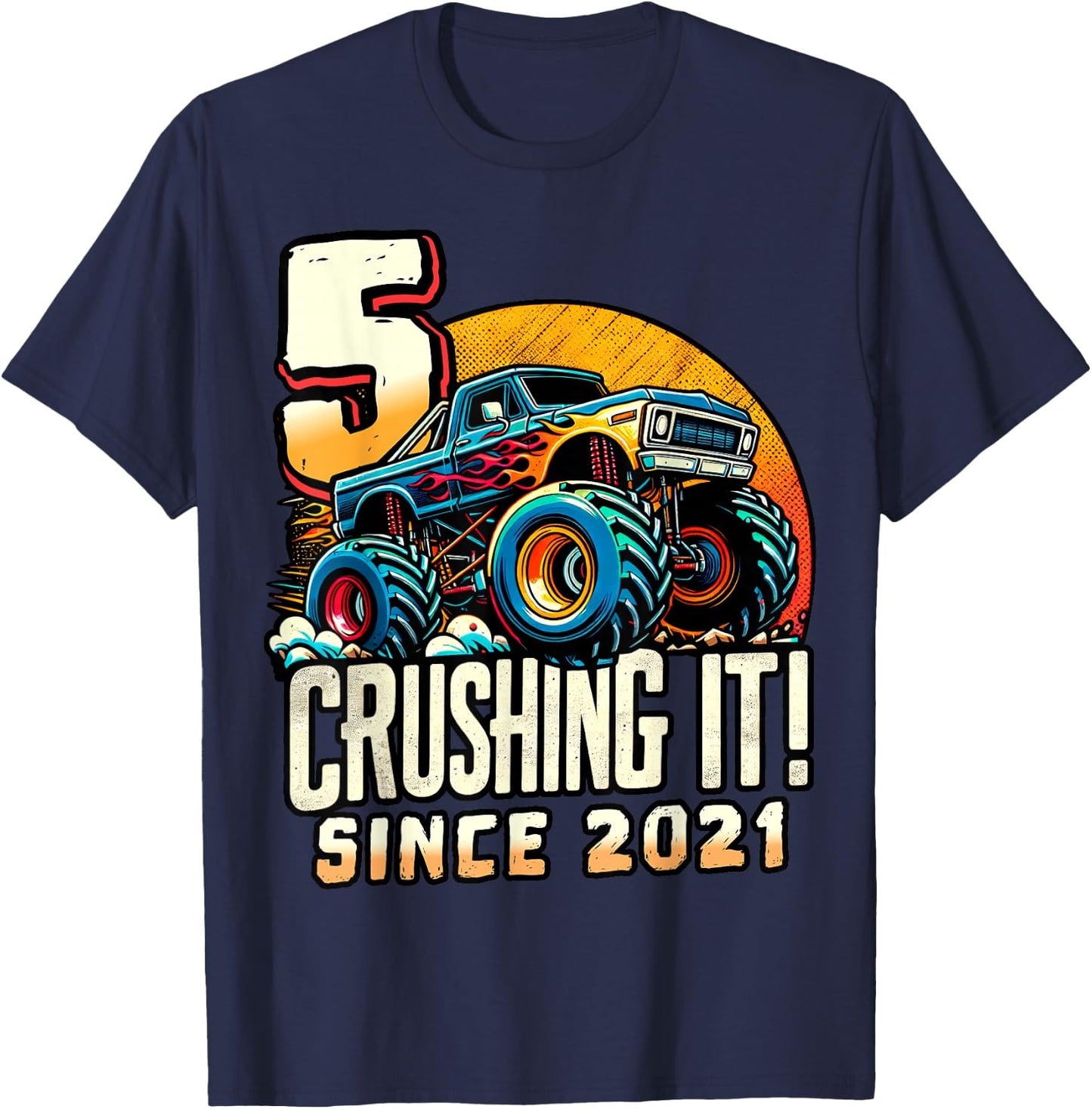 Birthday Monster Truck 5 Year Old Boys 5th Party Born 2021 T-Shirt - T-Shirt | Navy