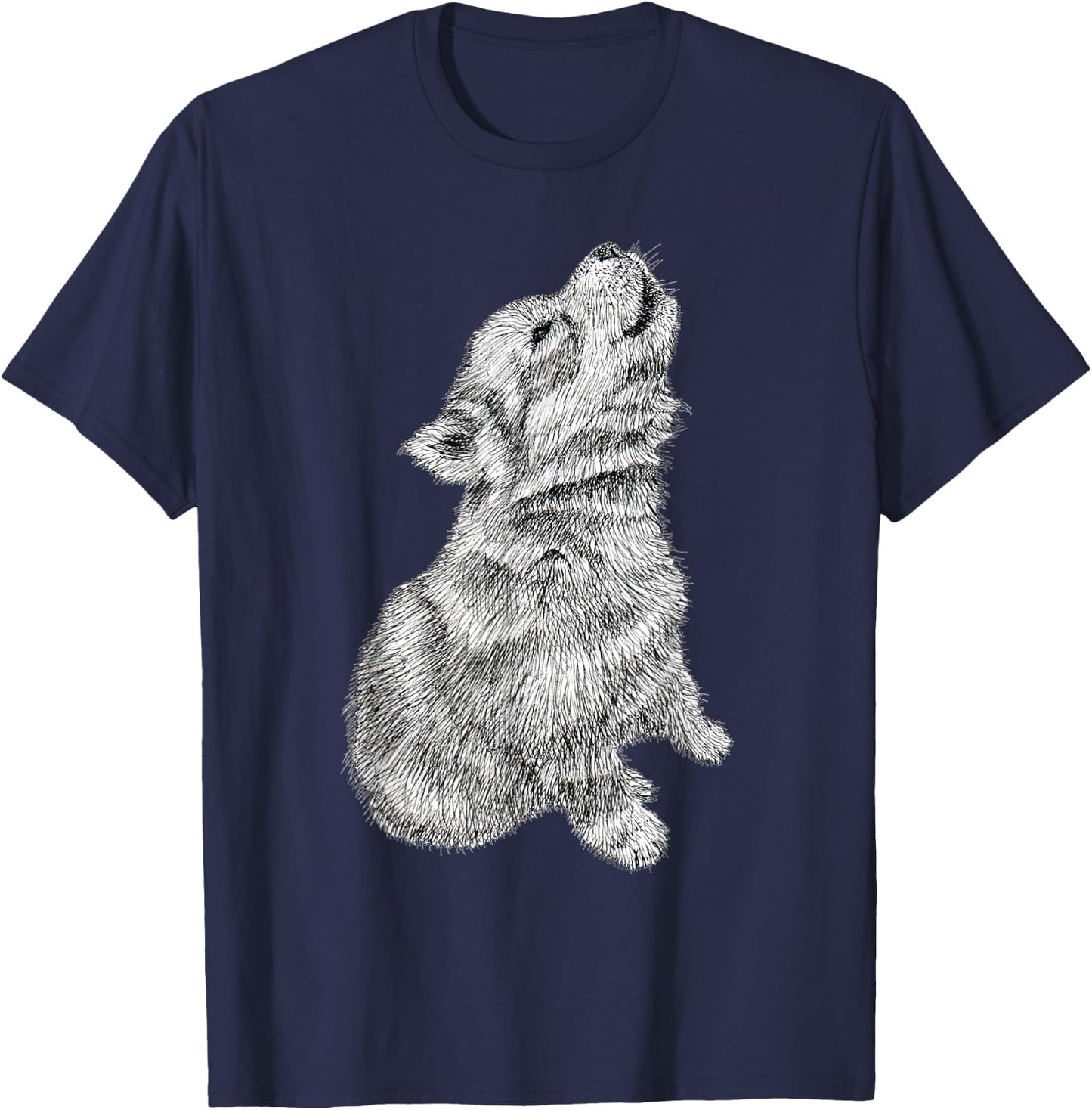 Cute Baby Howling Wolf Cub Sketch T-Shirt - T-Shirt | Navy