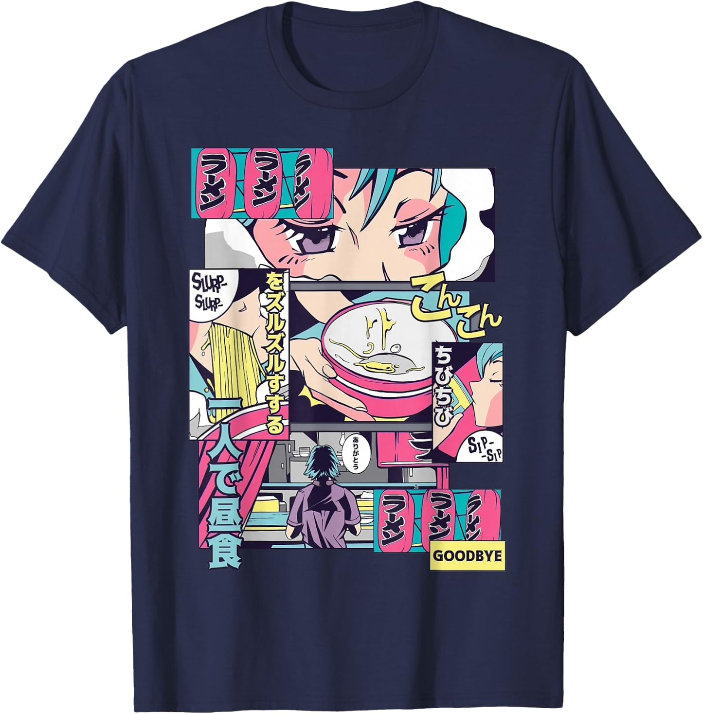 90s Japanese Vintage Kawaii Ramen Anime Manga Girl T-Shirt - T-Shirt | Navy