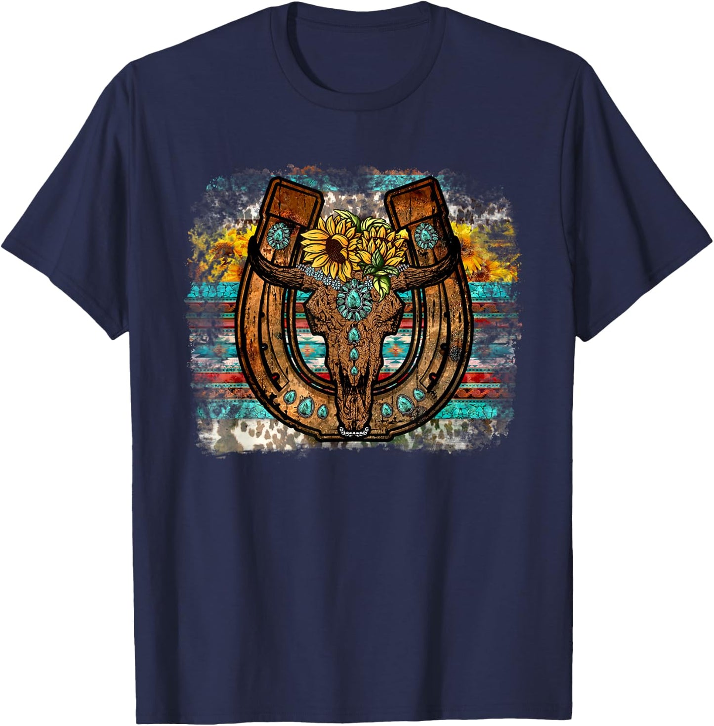 Cute Western Bull Sunflower Horseshoe Country Boho T-Shirt - T-Shirt | Navy