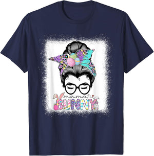 Mama Bunny Messy Bun Easter Day Mom Life Costume T-Shirt - T-Shirt | Navy