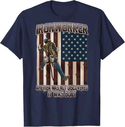 America was Not Discoverd USA Flag Ironworker T-Shirt - T-Shirt | Navy