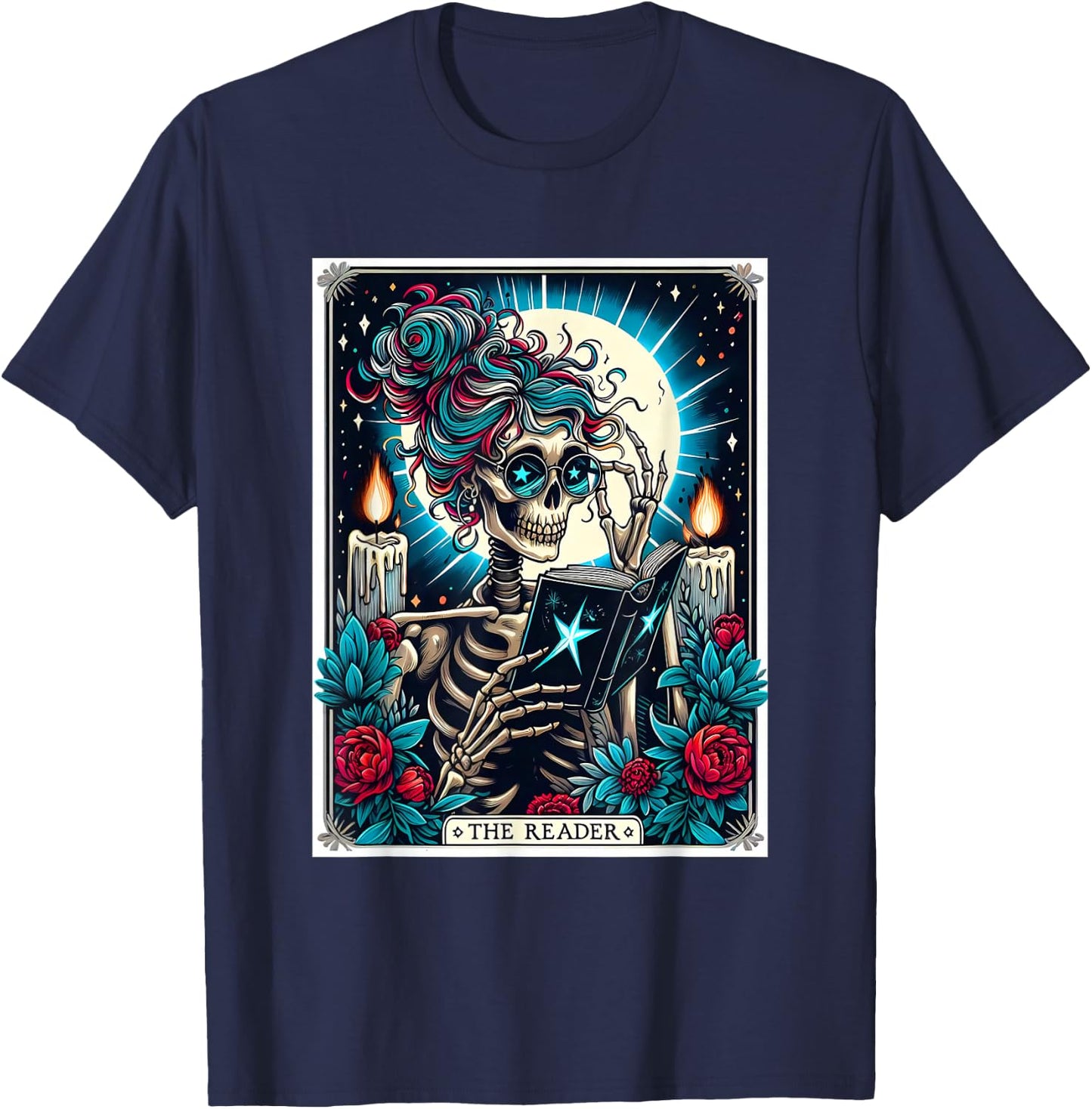 The Reader Tarot Card Funny Book Lover Skeleton Reading Book T-Shirt - T-Shirt | Navy