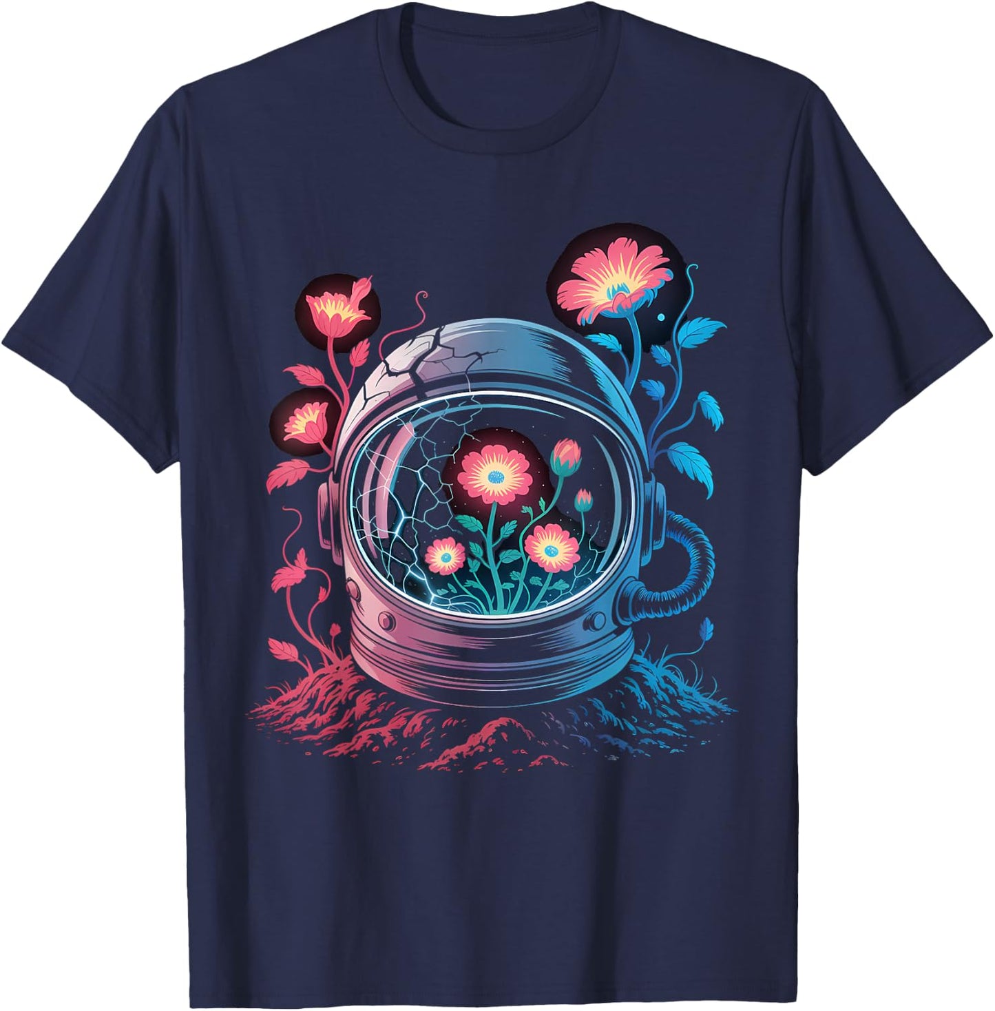 Astronaut Helmet Flowers Space Bloom Art T-Shirt - T-Shirt | Navy