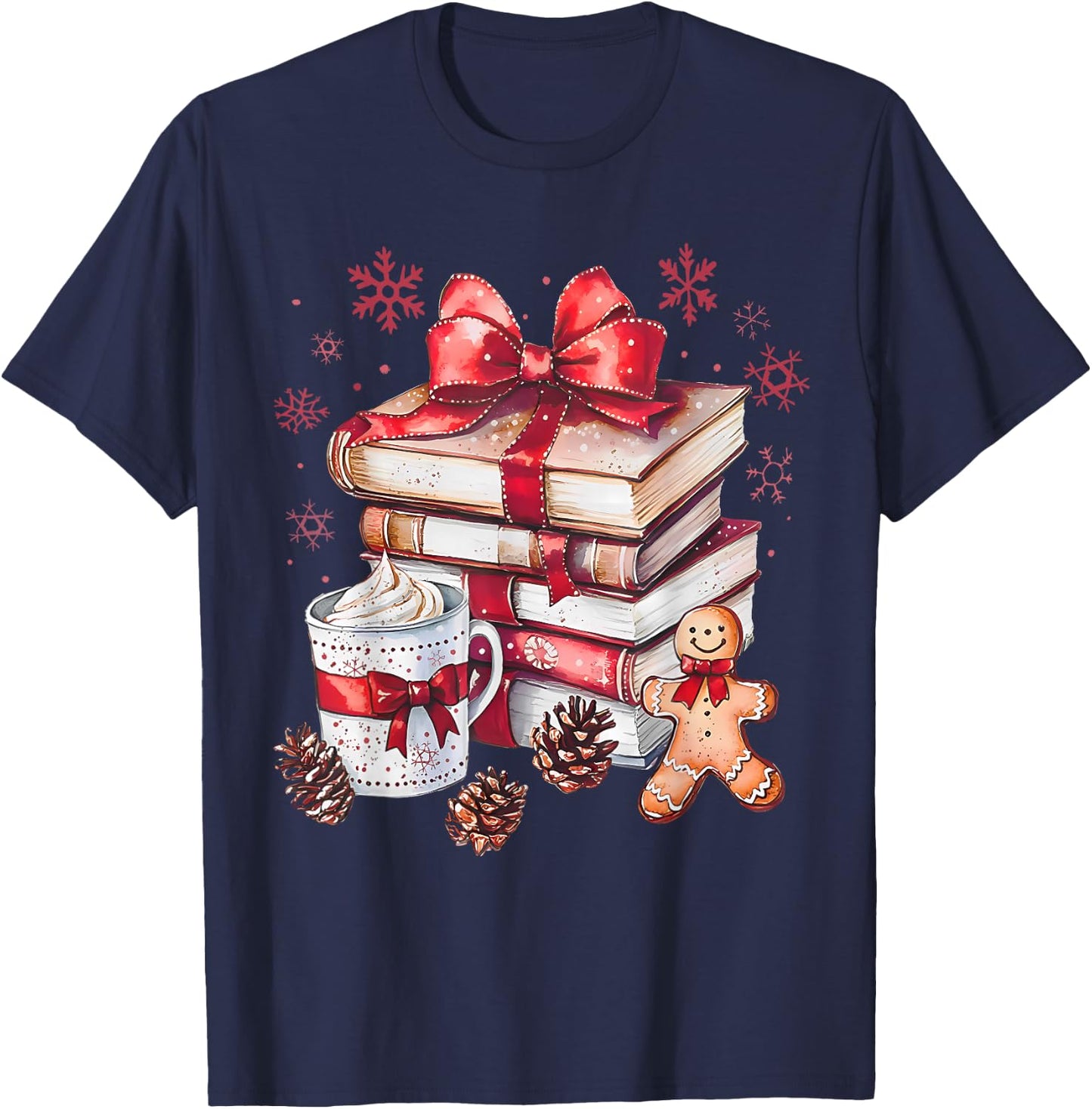 Girly Coquette Gingerbread Books and Hot Cocoa Cozy Season T-Shirt - T-Shirt | Navy