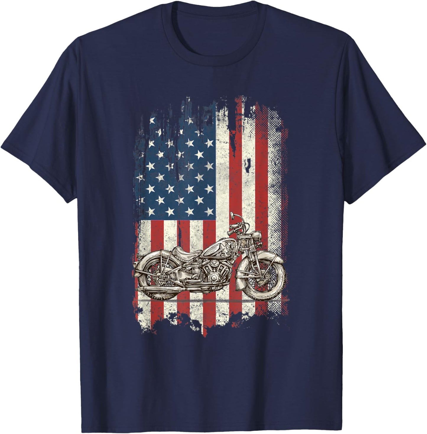 Motorcycle American Flag Distressed Vintage Biker Patriotic Women Kids Men T-Shirt - T-Shirt | Navy