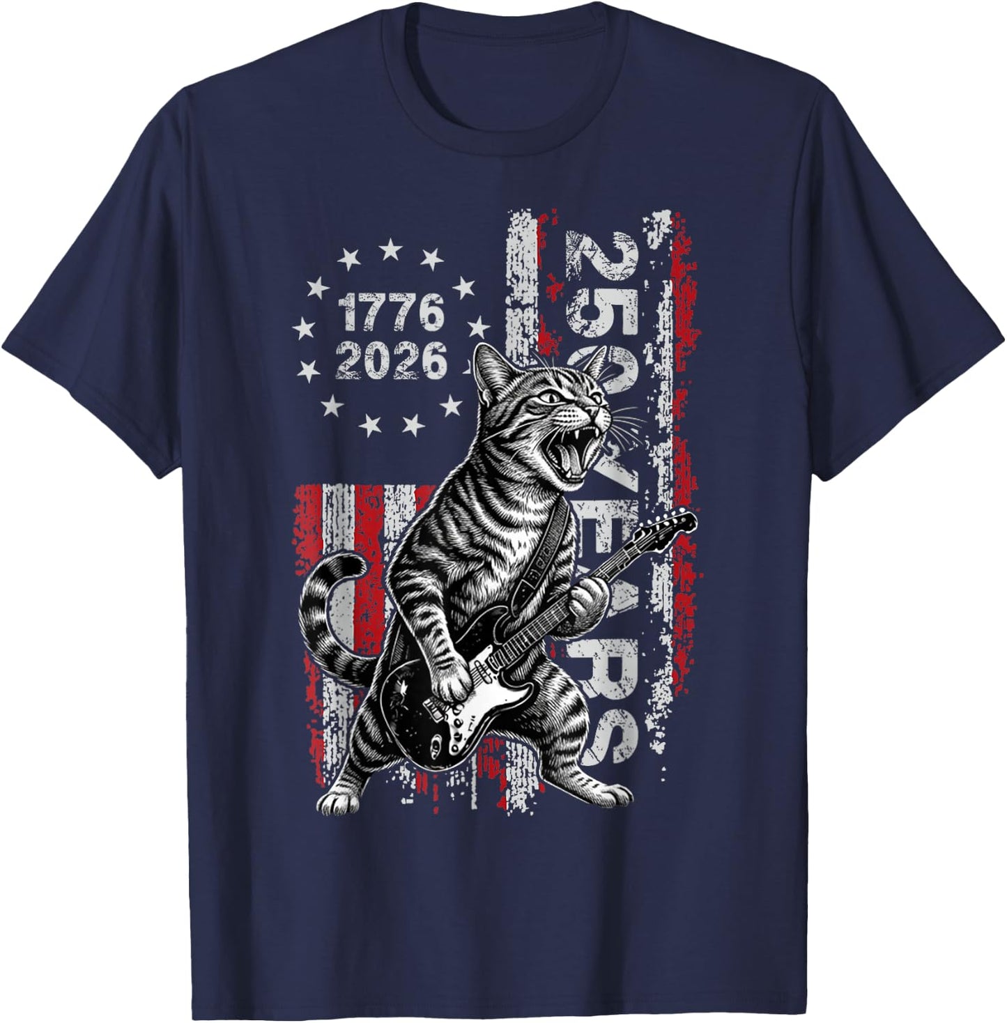 250 Years US Flag Cat Playing Guitar - Funny Patriotic Cat T-Shirt - T-Shirt | Navy