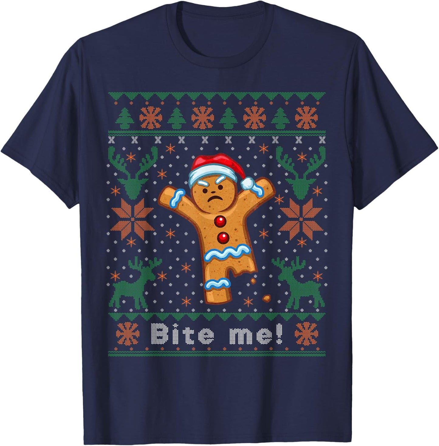 Bite Me Gingerbread Man - Funny Ugly Christmas Sweater T-Shirt - T-Shirt | Navy