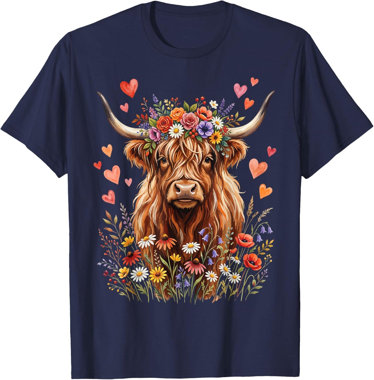 Highland Cow Floral Cute T-Shirt - T-Shirt | Navy