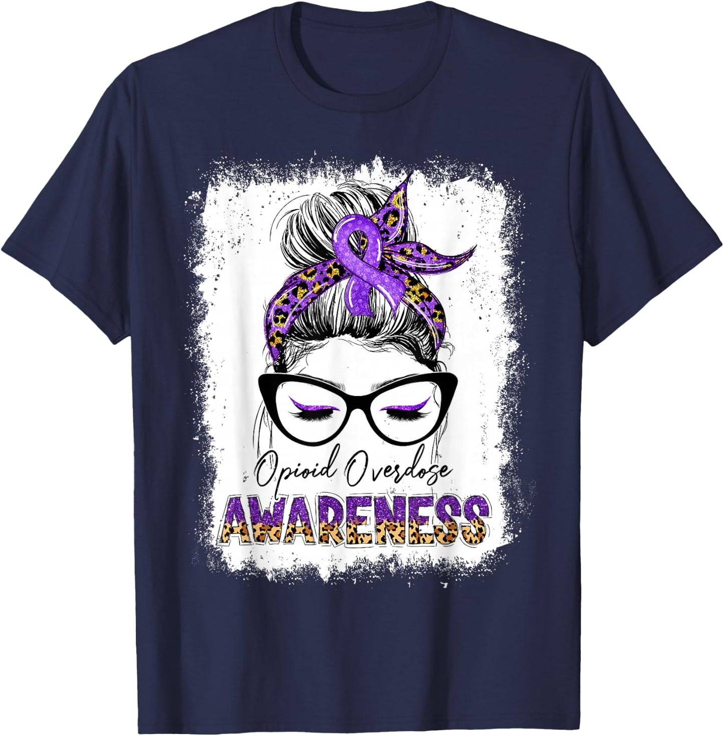 Leopard Messy Bun Opioid Overdose Awareness Purple Ribbon T-Shirt - T-Shirt | Navy