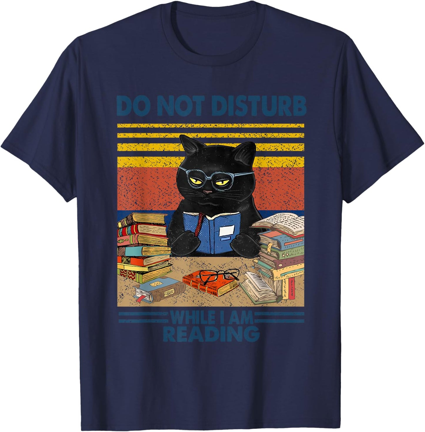 Do Not Disturb When I'm Reading A Book Black Glassed Cat T-Shirt - T-Shirt | Navy