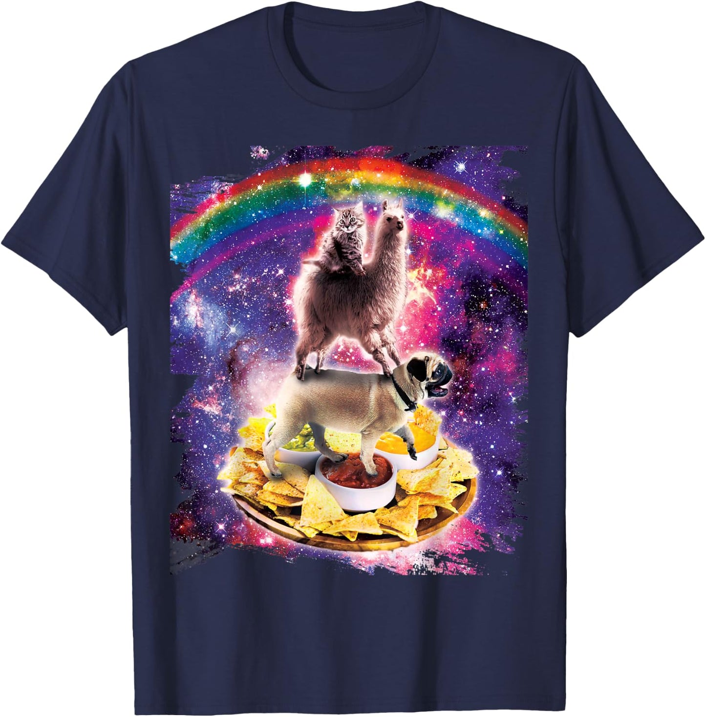 Space Cat Llama Pug Riding Nachos Men Women Kids T-Shirt - T-Shirt | Navy