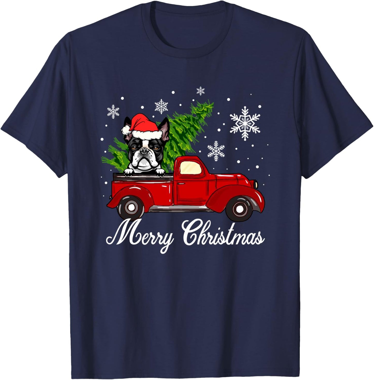 Boston Terrier Dog Riding Red Truck Merry Christmas Pajama T-Shirt - T-Shirt | Navy