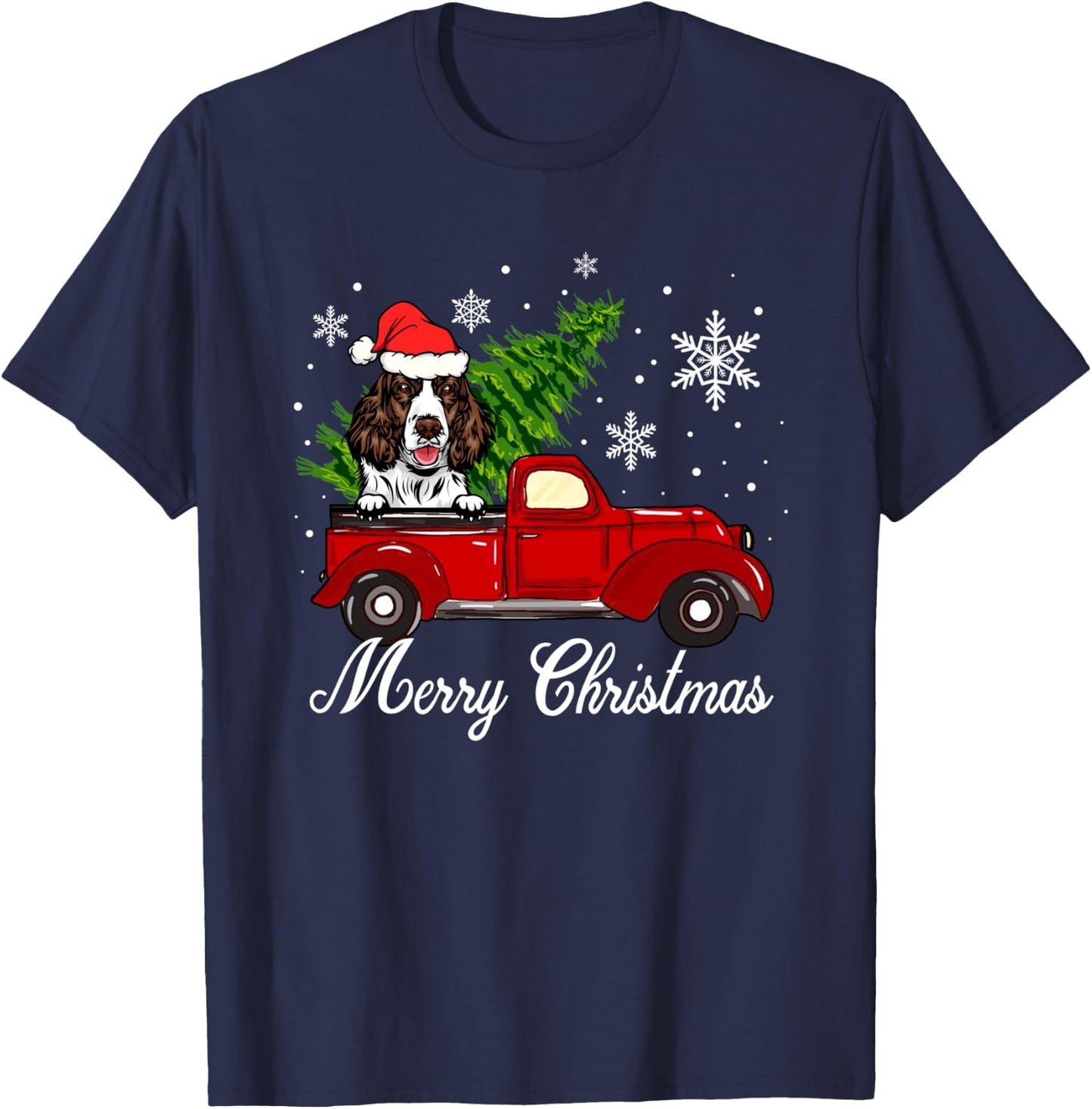 English Springer Spaniel Dog Riding Red Truck Christmas T-Shirt - T-Shirt | Navy