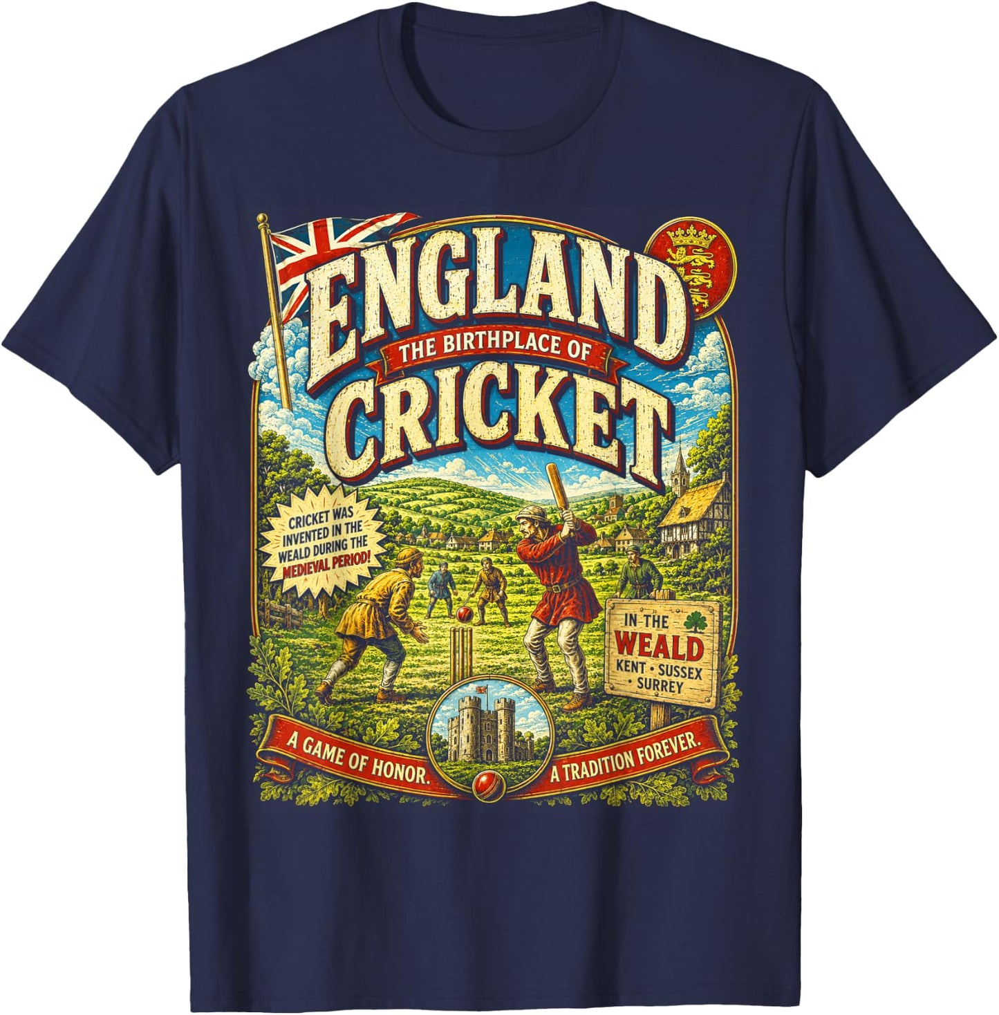 England Cricket Vintage | Birthplace of Cricket Retro T-Shirt - T-Shirt | Navy