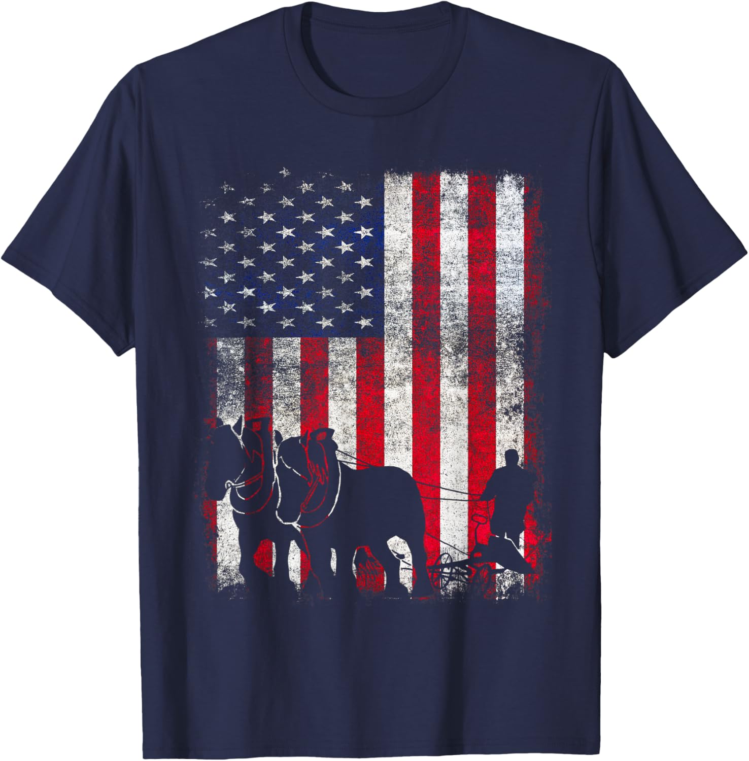 Draft Horse Patriotic American Flag Vintage Farmer Women Kids Men T-Shirt - T-Shirt | Navy