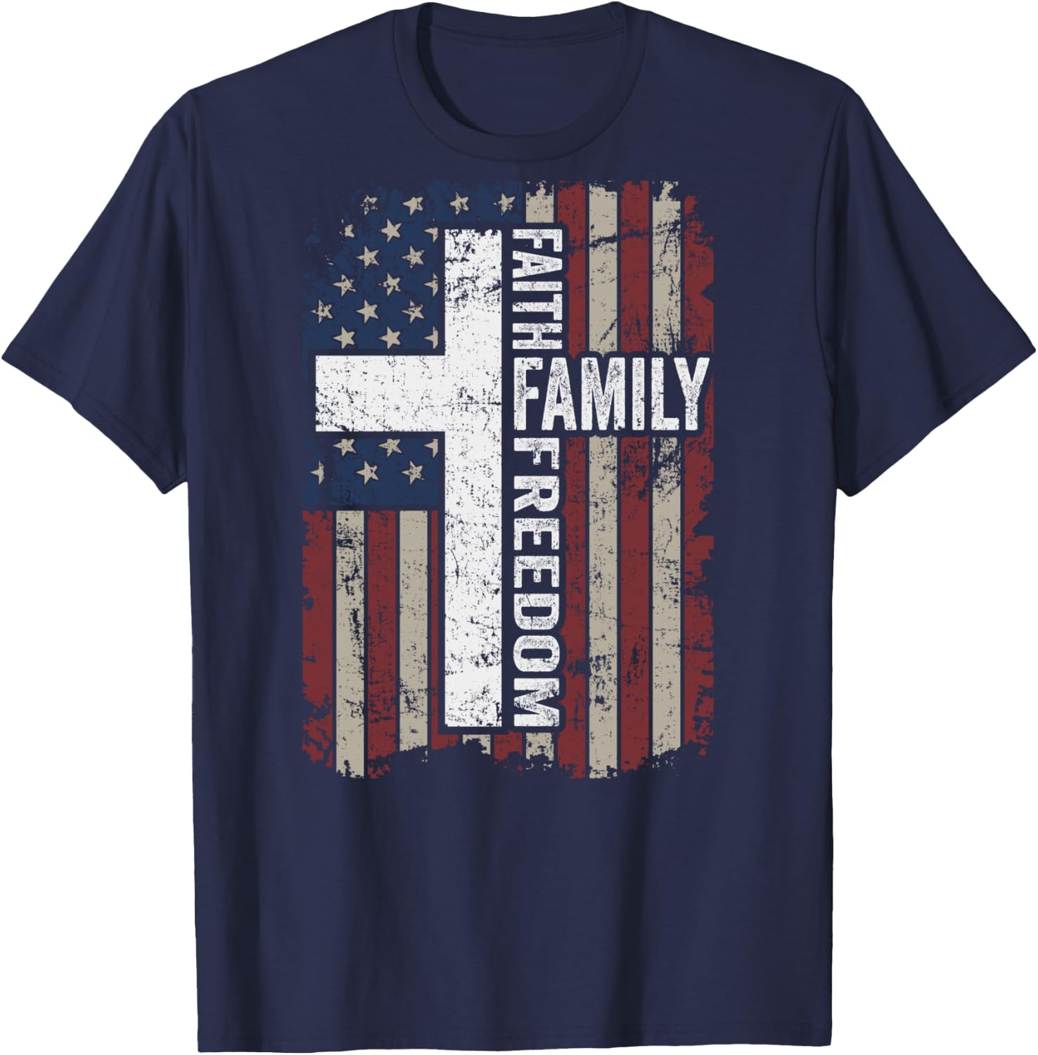 Faith Family Freedom - Christian Vintage USA Flag - ON BACK T-Shirt - T-Shirt | Navy