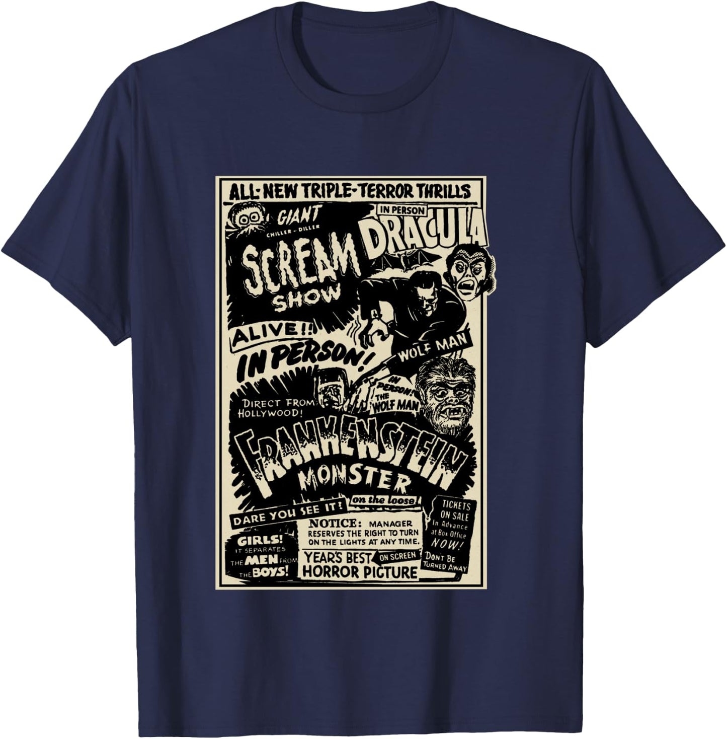 Horror Movie Monster Mummy Dracula Werewolf Frankenstein T-Shirt - T-Shirt | Navy