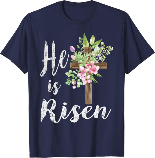 He is Risen Floral Cross Vintage Happy Easter T-Shirt - T-Shirt | Navy