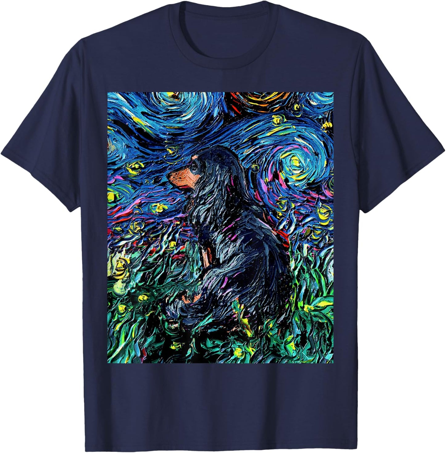 Black Long Hair Dachshund Starry Night Doxie Dog Artwork T-Shirt - T-Shirt | Navy