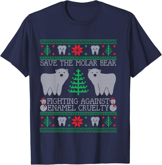 Save The Molar Bear Dental Dentist Ugly Christmas Sweaters T-Shirt - T-Shirt | Navy