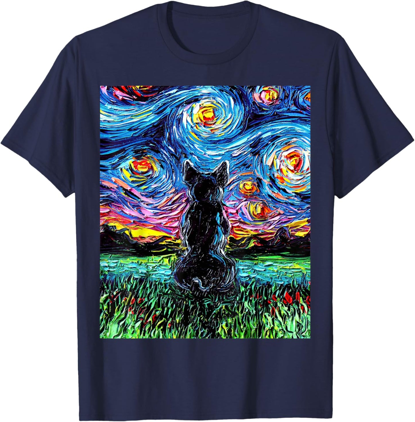 French Bulldog Starry Night Frenchie Dog Back Art by Aja T-Shirt - T-Shirt | Navy
