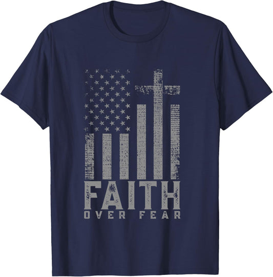 Faith Over Fear Cool Christian Cross American USA Flag T-Shirt - T-Shirt | Navy