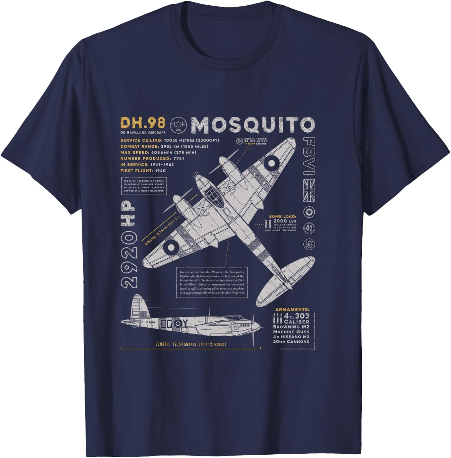 de Havilland Mosquito Fighter Bomber | British WW2 RAF DH.98 T-Shirt - T-Shirt | Navy