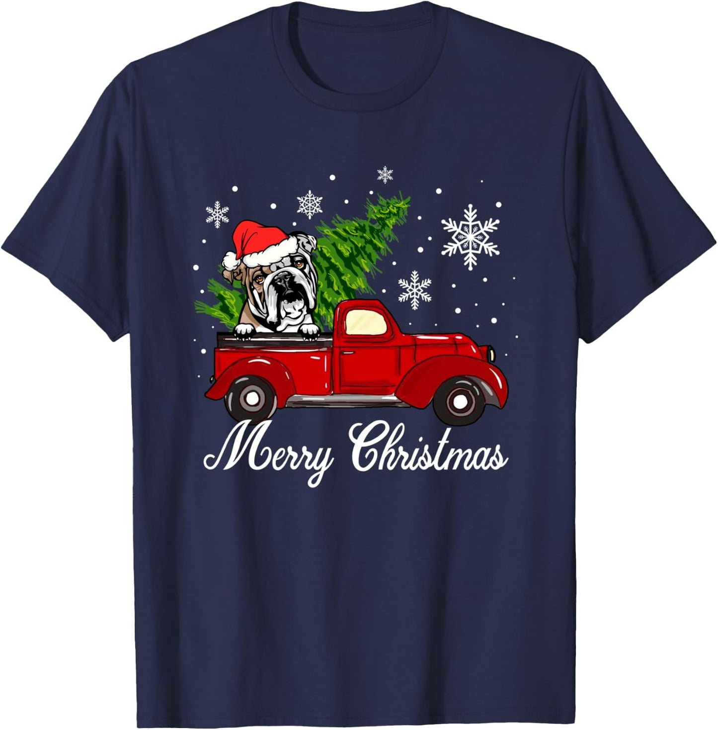 English Bulldog Dog Riding Red Truck Christmas Decorations T-Shirt - T-Shirt | Navy