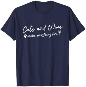 Cats And Wine Make Everything Fine Cat Lover Men Women T-Shirt - T-Shirt | Navy