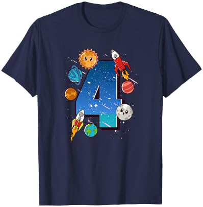 Boys 4th Birthday Party Outfit 4 Years Old Space Planets T-Shirt - T-Shirt | Navy