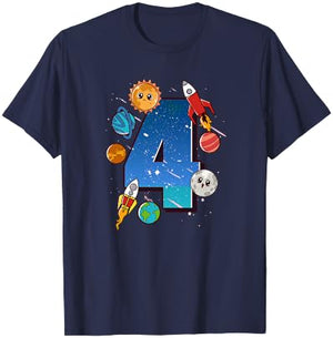 Boys 4th Birthday Party Outfit 4 Years Old Space Planets T-Shirt - T-Shirt | Navy