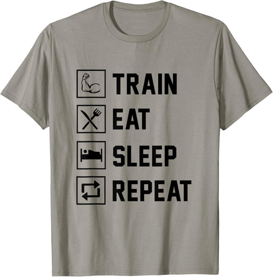 Train Eat Sleep Repeat Gym Fitness Building Muscle Sports T-Shirt - T-Shirt | Sand