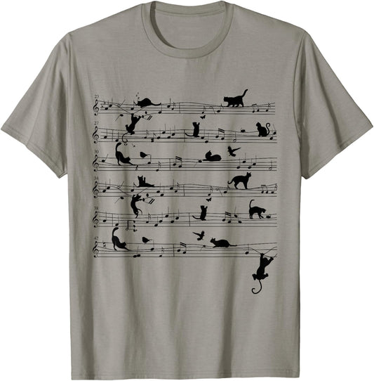 Cute Cat Kitty Playing Music Note Clef Musician Art T-Shirt - T-Shirt | Sand