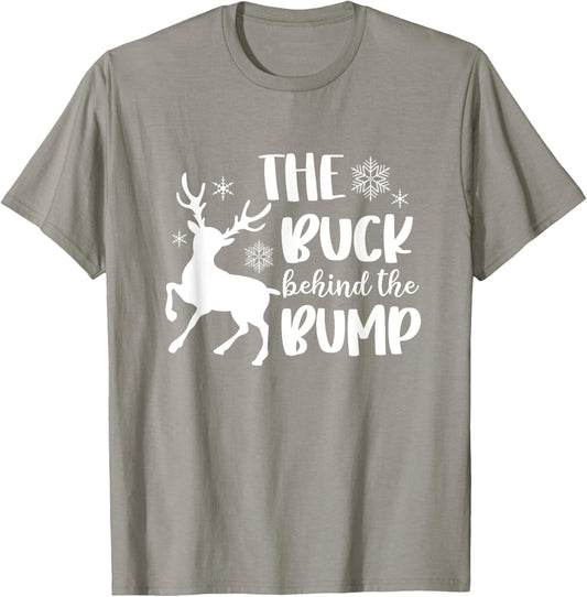 Buck Behind Bump Couple Christmas Pregnancy Announcement T-Shirt - T-Shirt | Sand