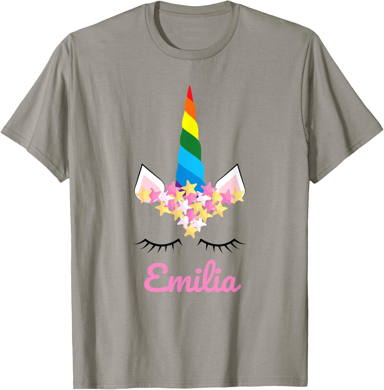 Cute Girls Unicorn Personalized Name Emilia Rainbow Unicorn T-Shirt - T-Shirt | Sand