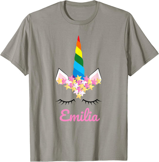 Cute Girls Unicorn Personalized Name Emilia Rainbow Unicorn T-Shirt - T-Shirt | Sand