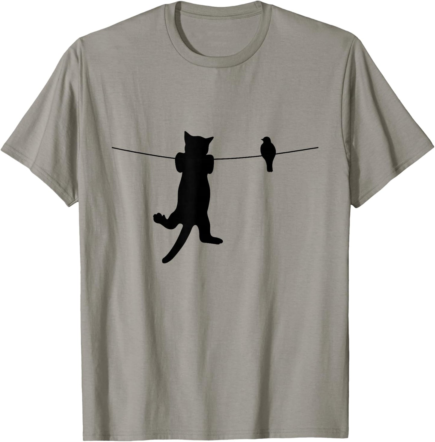 Bird Cat on a Wire Worst Enemies Besties Friends Silhouette T-Shirt - T-Shirt | Sand