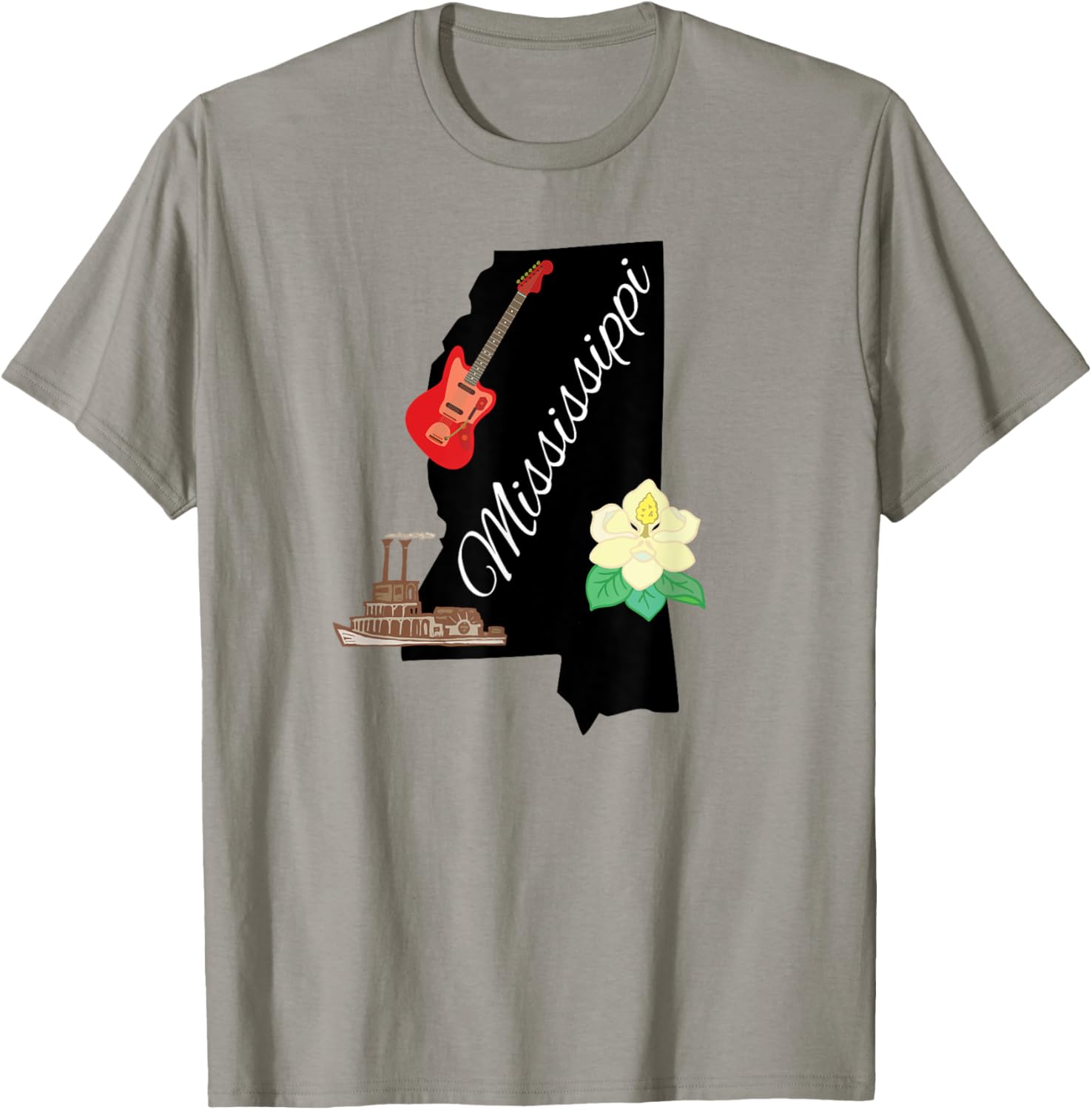 Mississippi Magnolia Guitar Riverboat State Souvenir Gift T-Shirt - T-Shirt | Sand