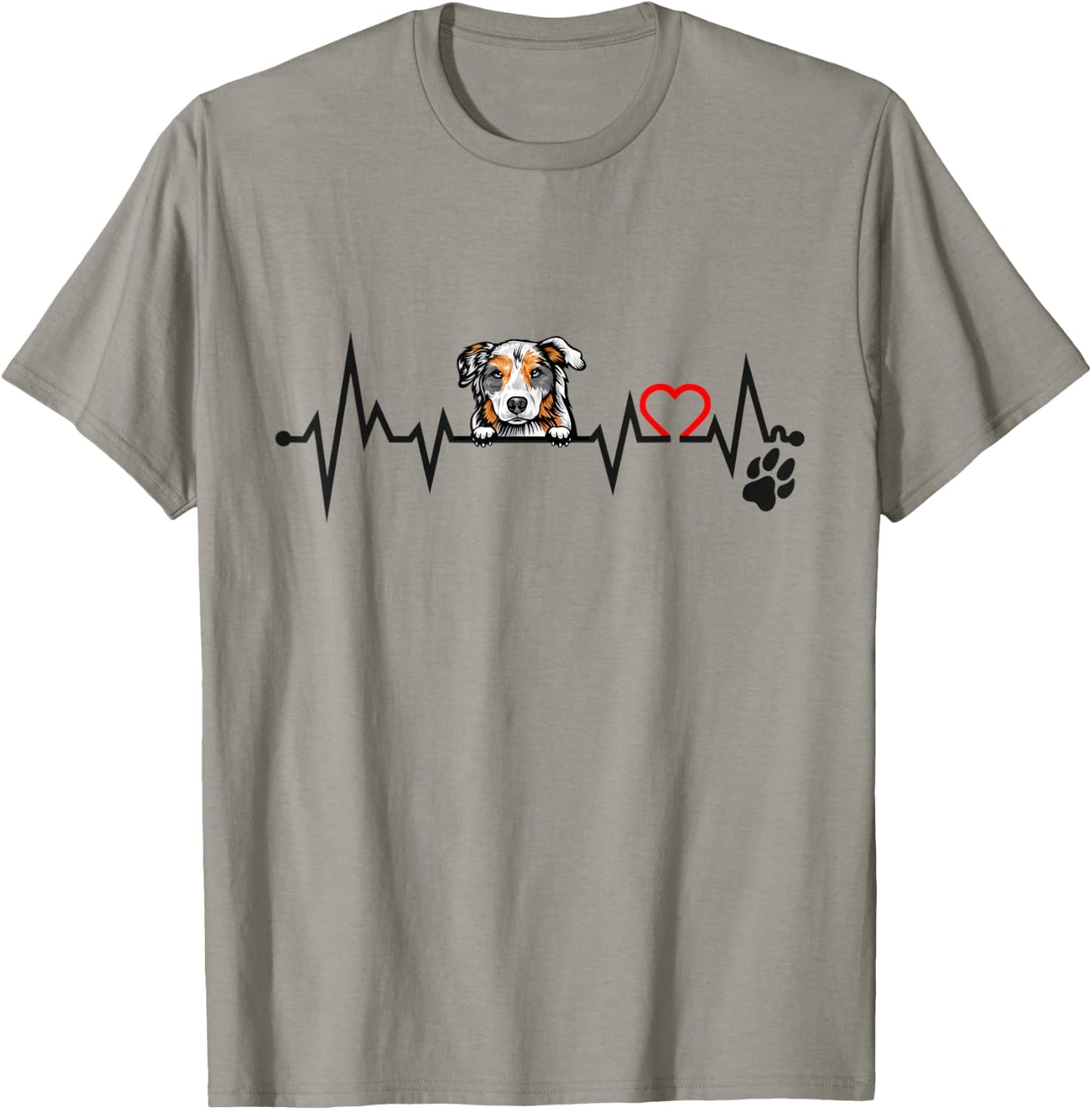 Peeking Australian Shepherd EKG Heartbeat With Paw Print T-Shirt - T-Shirt | Sand