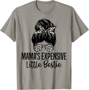Mama's Expensive Little Bestie Groovy Funny mom messy bun T-Shirt - T-Shirt | Sand