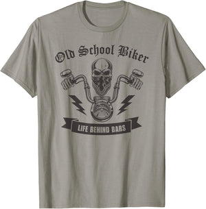 Oldschool Biker Life Behind Bars I Motorcycle Bike Skull T-Shirt - T-Shirt | Sand