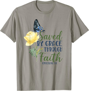 Christian Bible Verse Butterfly Rose Flower Ephesians 2:8 T-Shirt - T-Shirt | Sand
