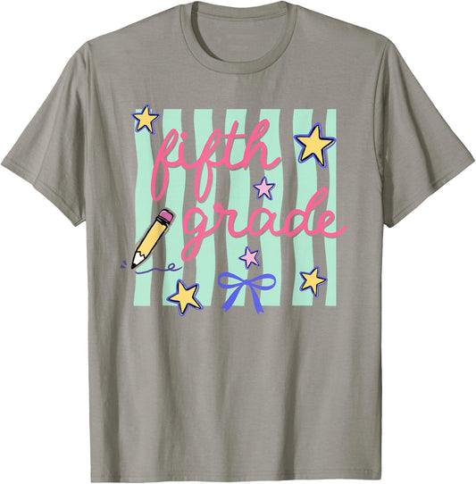 Preppy Fifth Grade Back to School Coquette Bow Teacher Kids T-Shirt - T-Shirt | Sand